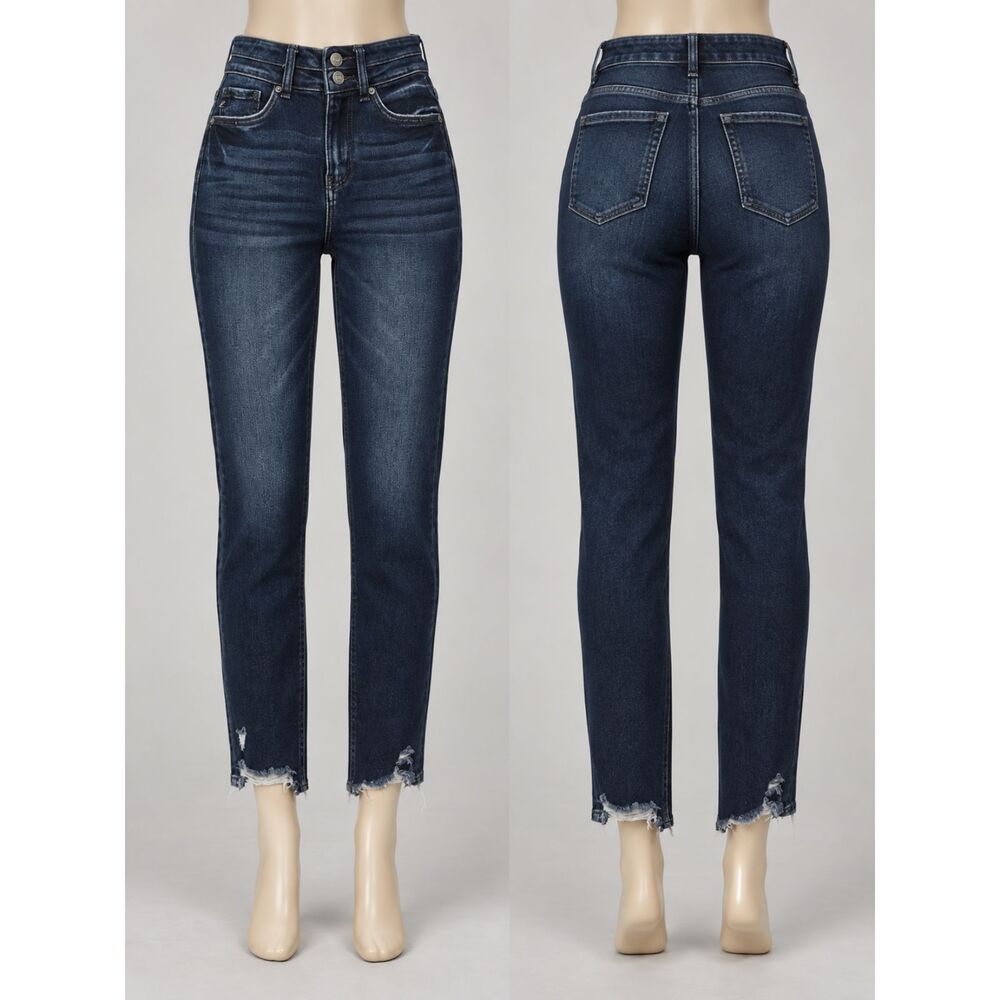 KanCan Cadence Ultra High Rise Slim Straight Jeans Dark Wash Raw Hem Size 0 23
